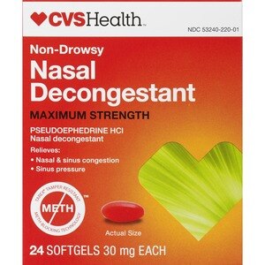 CVS Health Maximum Strength Nasal Decongestant Non-Drowsy Softgels, 24 Ct