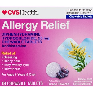 CVS Health Allergy Relief Diphenhydramine Hydrochloride 25mg Chewable Tablets, Grape, 18 CT