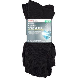 CVS Health Non-Binding Comfort Crew Socks For Diabetics Unisex, 3 Pairs, S/M, Black - 3 Ct