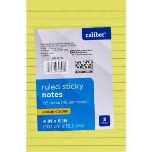 Caliber Ruled Sticky Notes, Assorted Neon Colors, 4 in. x 6 in., 3 CT