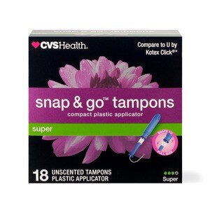 CVS Health Snap & Go Tampons, Compact Plastic Applicator, Super, 18 CT