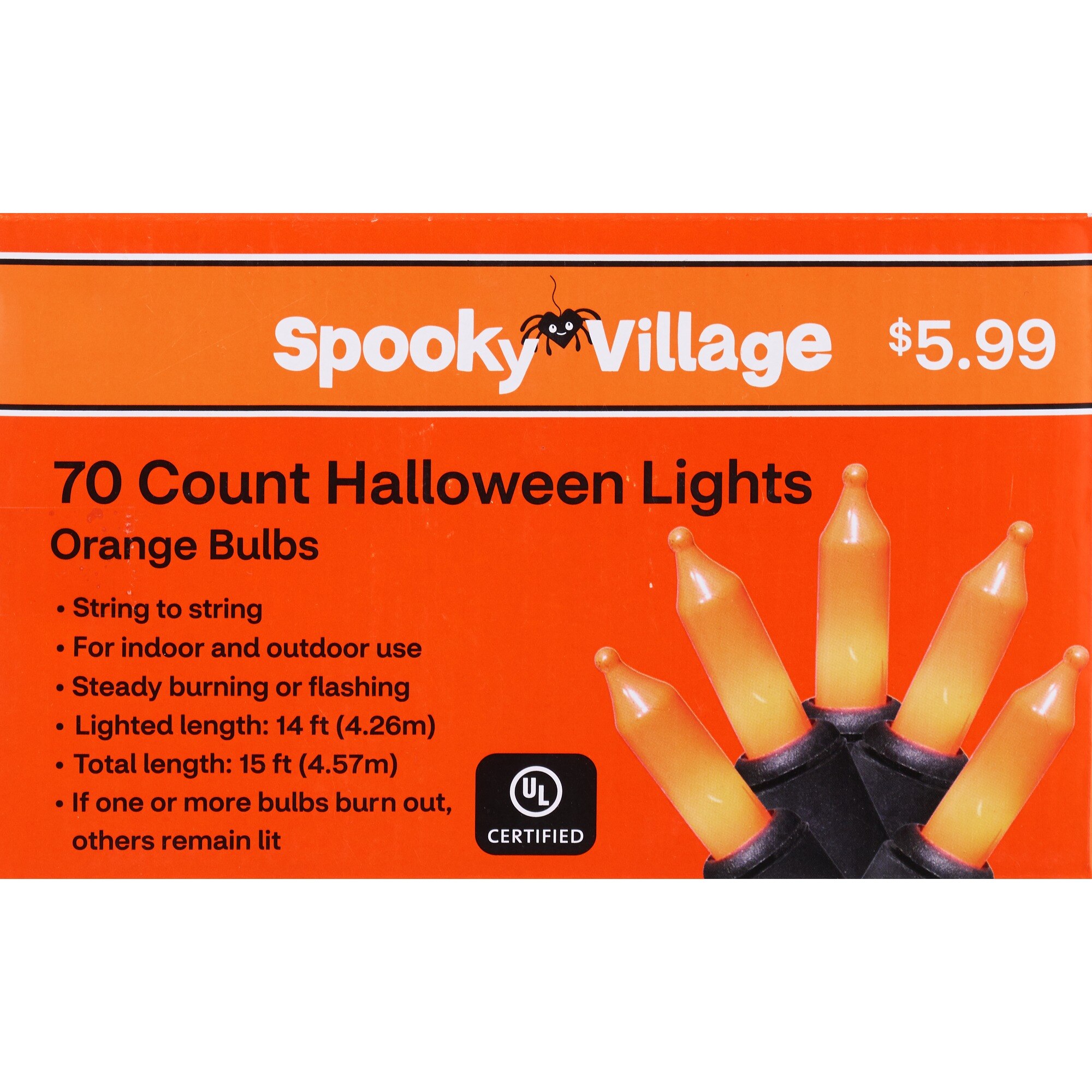 Spooky Village Halloween Lights, Orange, 70 ct, 15ft