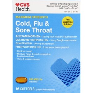 CVS Health Maximum Strength Cold, Flu & Sore Throat Softgels, 16 CT