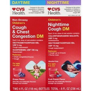 Paquete combinado de jarabe CVS Health Children's Daytime y Nighttime Tussin Cough plus Chest Congestion DM, 8 oz