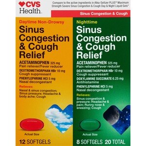 CVS Health - Cápsulas para el alivio del resfrío y la congestión nasal grave, día 12 u. y noche 8 u., 20 u. en total