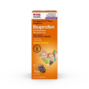 CVS Health - Ibuprofeno pediátrico en jarabe, 100 mg por cada 5 mL, analgésico/antifebril (AINE), sabor Grape
