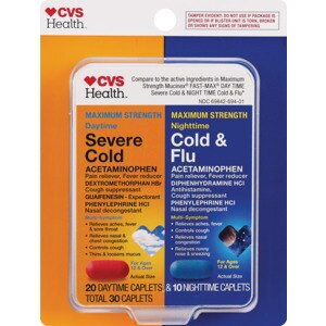 CVS Health - Cápsulas para el resfrío y la gripe fuertes, potencia máxima, paquete combinado para el día y la noche, 20 u. para el día, 10 u. para la noche