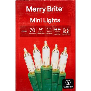 Merry Brite Mini Lights, Clear Bulbs with Green Wire, 70 ct