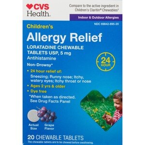 CVS Health Children's Allergy Relief Non-Drowsy Loratadine 5mg Chewable Tablets USP, Grape, 20 Ct