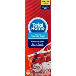 Total Home Quart Freezer Bags with Easy-Close Slider, 15 CT