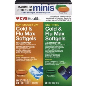 Cápsulas blandas para el resfrío y la gripe CVS Health, combo de tiras de uso diurno/nocturno, 24 u.