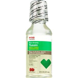 CVS Health Non-Drowsy Tussin Adult Chest Congestion, Free of Alcohol, Dyes, & Artificial Sweeteners, Cherry Flavor, 8 OZ