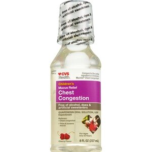 CVS Health Children's Mucus Relief Chest Congestion, Free of Alcohol, Dyes & Artificial Sweeteners, Cherry Flavor, 8 OZ
