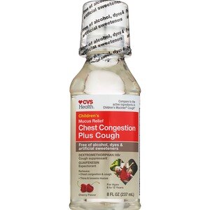 CVS Health Children's Mucus Relief Chest Congestion Plus Cough, Free of Alcohol, Dyes & Artifical Sweeteners, Cherry Flavor, 8 OZ