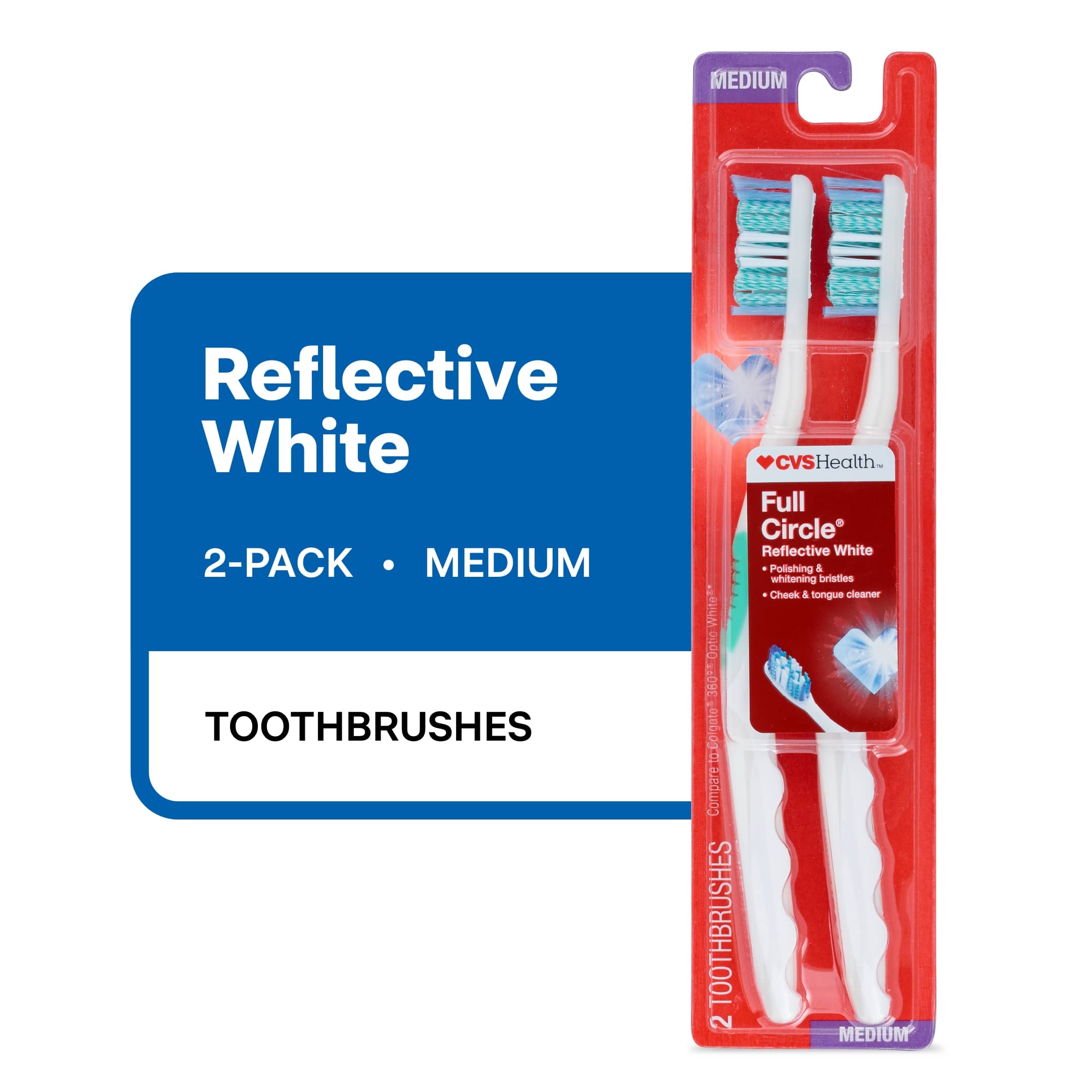 CVS Health Full Circle Reflective White Toothbrush, Medium Bristle, 2 Ct
