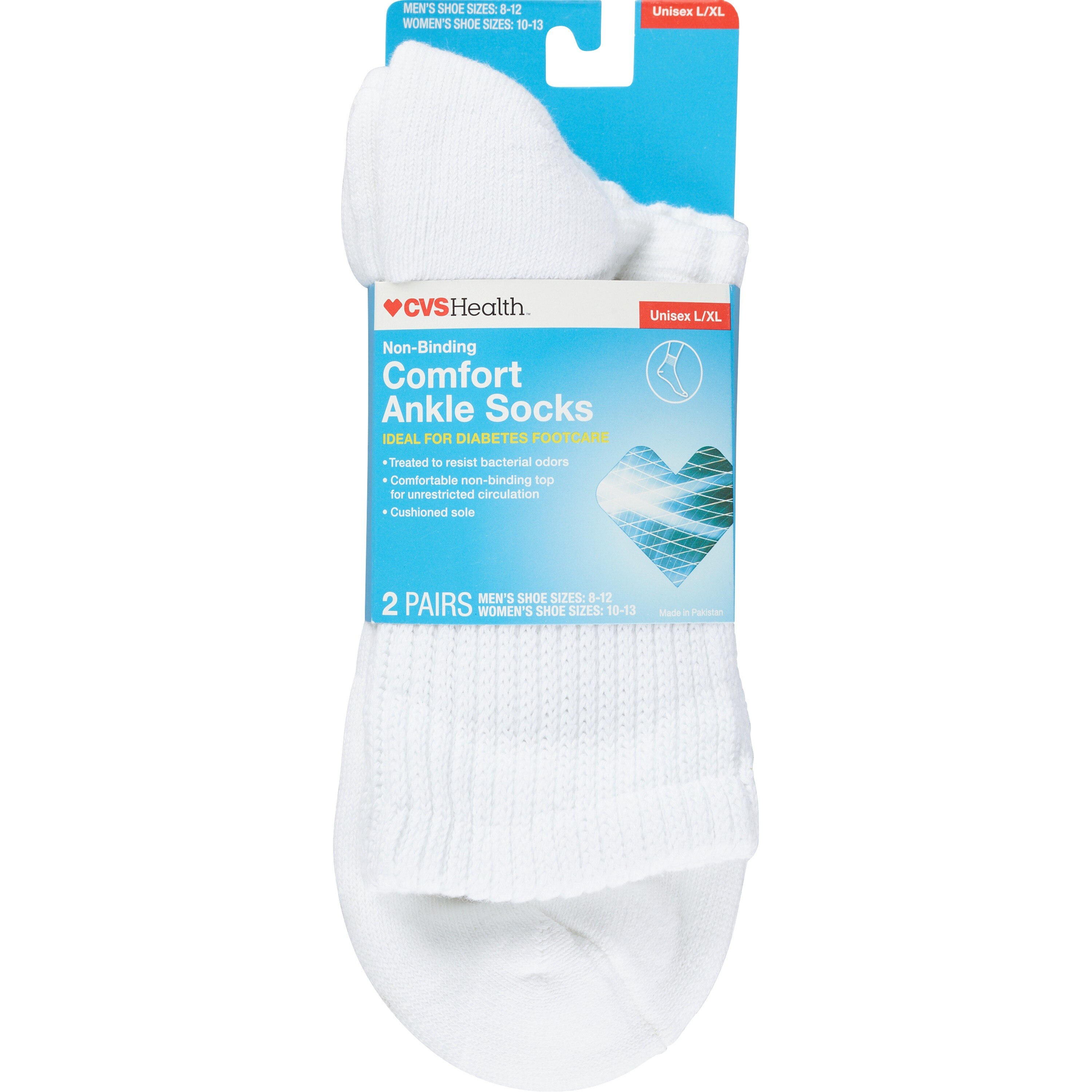 CVS Health Non-Binding Comfort Ankle Socks For Diabetics Unisex, 2 Pairs, L/XL, White - 2 Ct