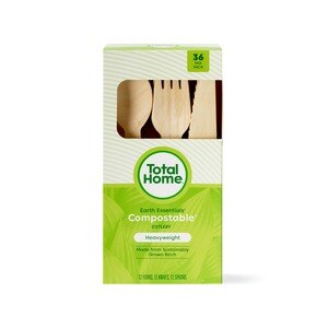 Total Home Earth Essentials Assorted Compostable Birch Cutlery, 36CT