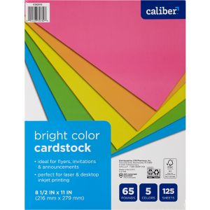 Caliber Bright Color Cardstock, 5 Assorted Colors, 8 1/2 x 11, 65 lb.,  125 Sheets