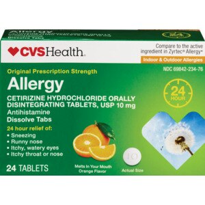 CVS Health Original Prescription Strength Allergy Cetirizine Hydrochloride Orally Disintegrating Tablets, 10 mg, Orange Flavor, 24 CT
