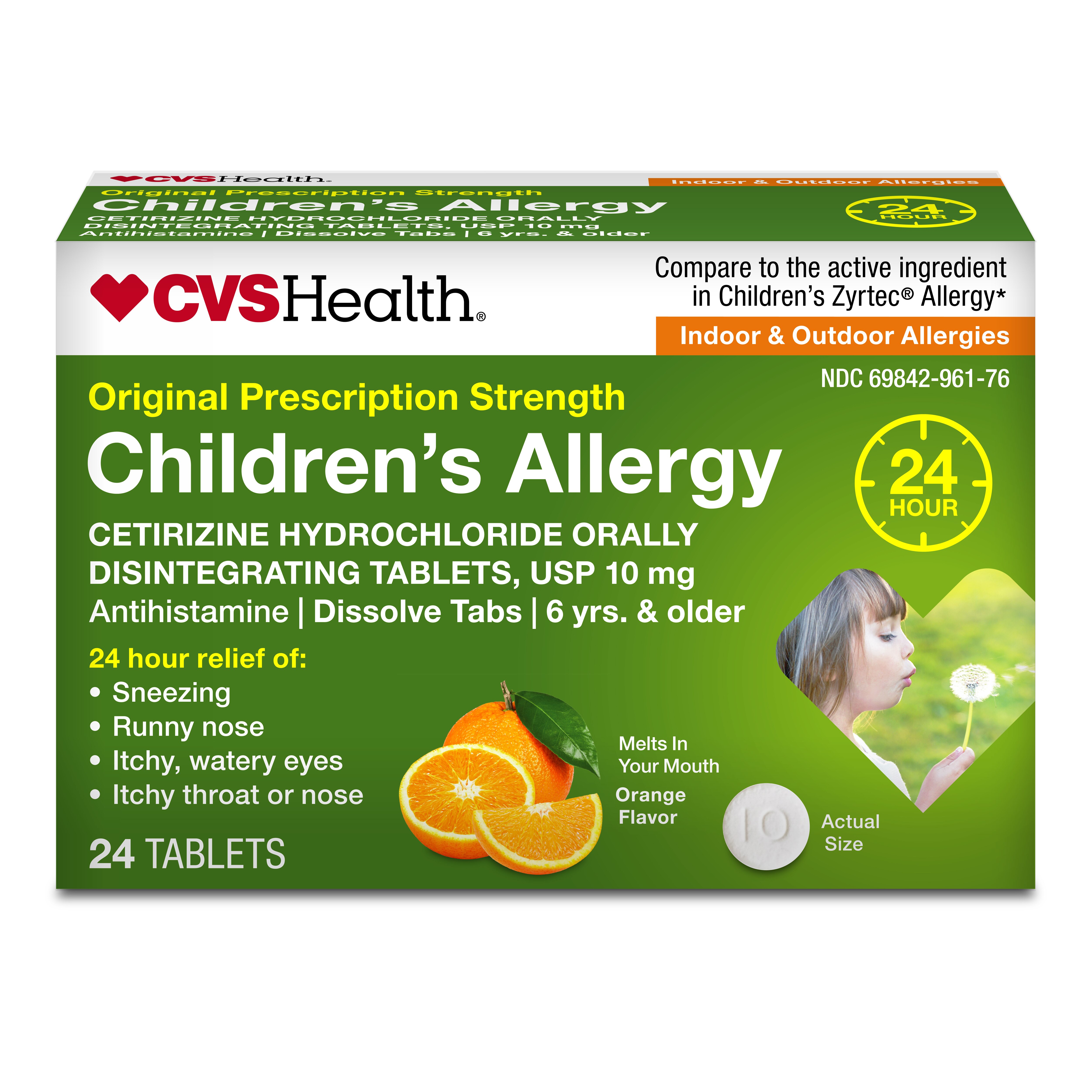 CVS Health Children's 24HR Allergy Cetirizine HCl Orally Disintegrating Tablets, Orange, 24 Ct