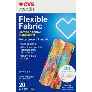 CVS Health Flexible Fabric Antibacterial Bandages, Designs by EttaVee, Bright & Bold Colors, One Size, 20 CT
