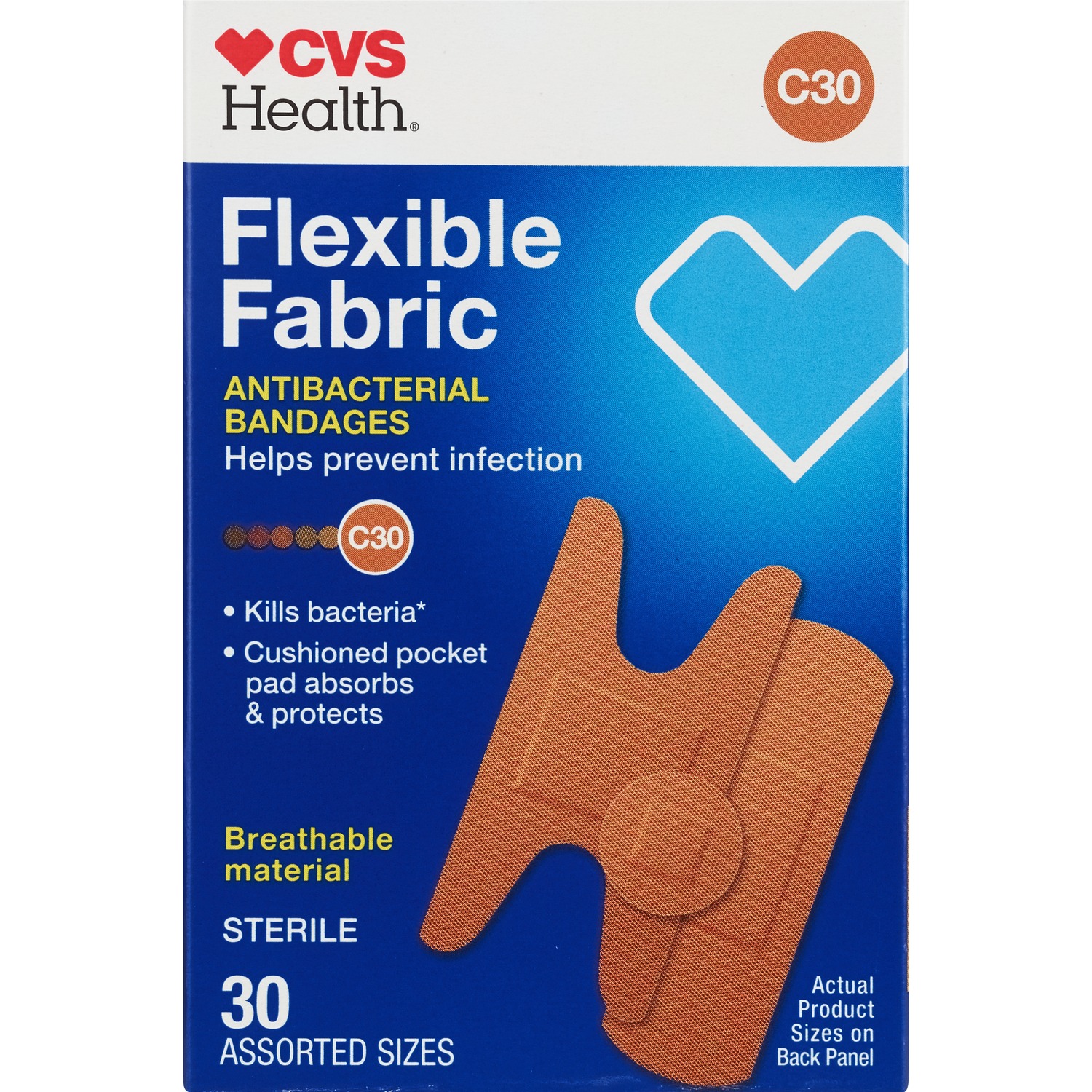 CVS Health Flexible Fabric Antibacterial Bandages, Assorted Sizes, 30 CT, C70