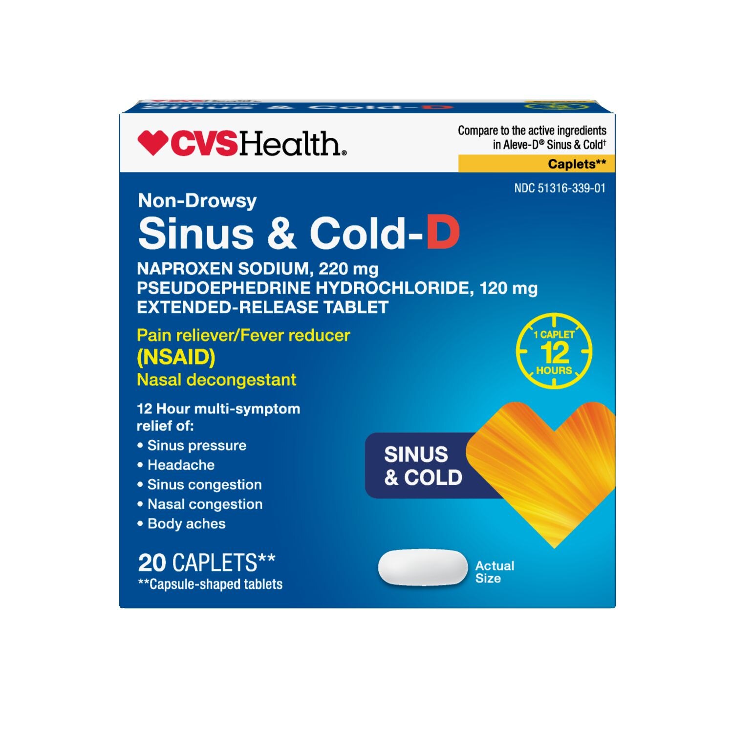 CVS Health Non-Drowsy Sinus & Cold-D, (NSAID) 120 Mg Extended-Release Tablets, 20 Ct
