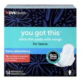 CVS Health You Got This Ultra-thin pads for Teens with wings, Heavy, 14 CT, thumbnail image 1 of 6