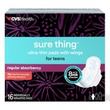 CVS Health Sure Thing Ultra-thin Pads for Teens with wings, Regular, 16 CT, thumbnail image 1 of 6