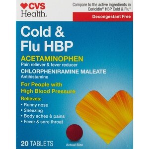 CVS Health Cold & Flu HBP Tablets, Decongestant Free, 20 CT