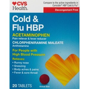 CVS Health Cold & Flu HBP Tablets, Decongestant Free, 20 Ct