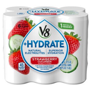 V8 + Hydrate Plant-Based Hydrating Beverage, Strawberry Cucumber, 8 OZ Can (Pack of 6)