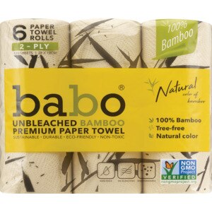 Babo Unbleached Bamboo Premium Paper Towels, 6 Rolls