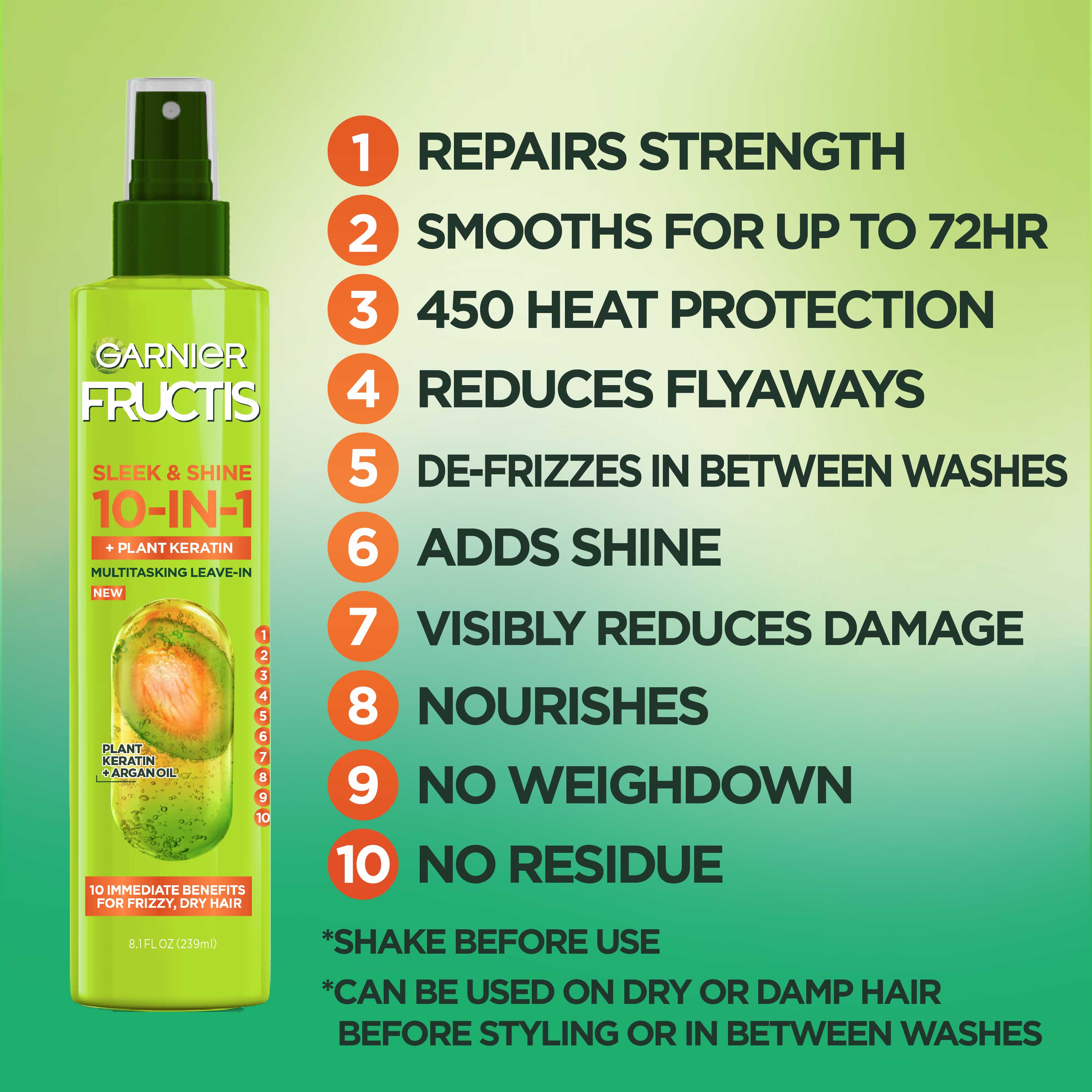 Garnier Fructis Sleek & Shine 10 in 1 Spray, for Frizzy, Dry Hair,  OZ