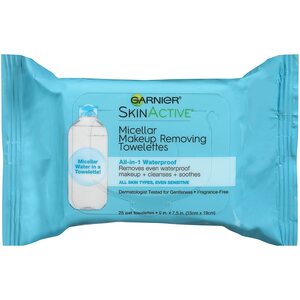 Garnier Skinactive - Toallitas desmaquilladoras con agua micelar para maquillaje resistente al agua, 25/paquete