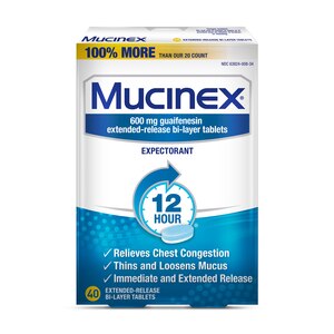 Mucinex 12-Hour - Tabletas expectorantes para la congestión del pecho, 40 u.