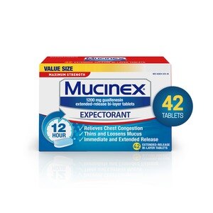 Mucinex Maximum Strength 12-Hour - Tabletas expectorantes para la congestión del pecho, 42 u.