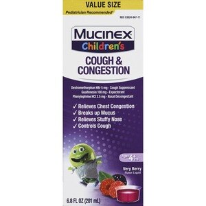 Mucinex Children's - Jarabe pediátrico para la congestión y la tos, Berrylicious, 6.8 oz (el envase puede variar)