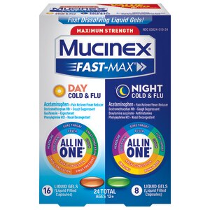 Mucinex Fast-Max - Alivio para el resfrío y gripe grave en cápsulas blandas, para el día y la noche, 24 u.