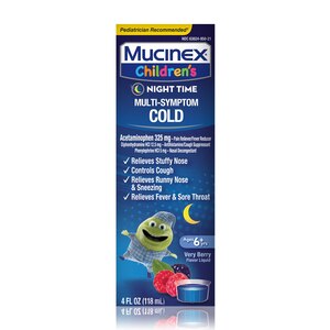 Mucinex Children's - Jarabe pediátrico para los síntomas del resfriado, uso nocturno, sabor Very Berry, 4 oz (el envase puede variar)