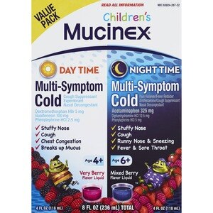 Mucinex Children's - Jarabe para aliviar múltiples síntomas del resfriado, día y noche, 2 x 4 oz (el envase puede variar)