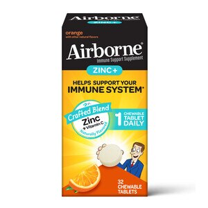 Airborne - Suplemento de ayuda para el sistema inmunológico con cinc y vitamina C en tabletas masticables, 32 u.