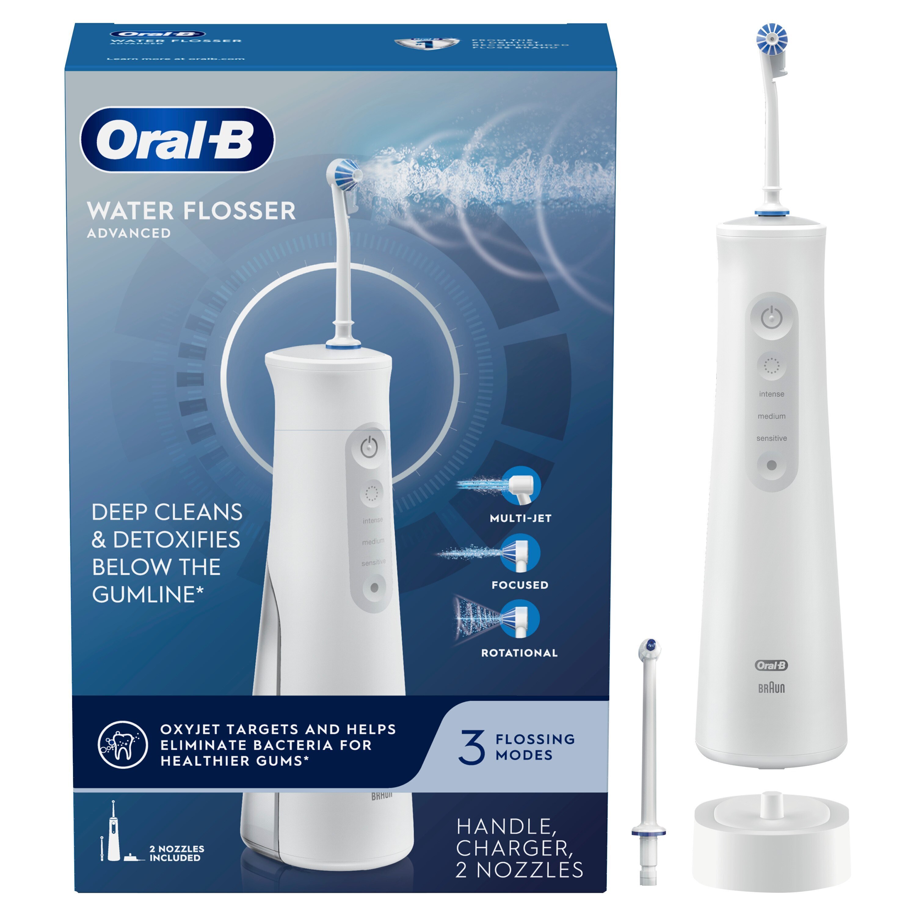  Oral-B Water Flosser Advanced, Portable Oral Irrigator Handle with 2 Nozzles 