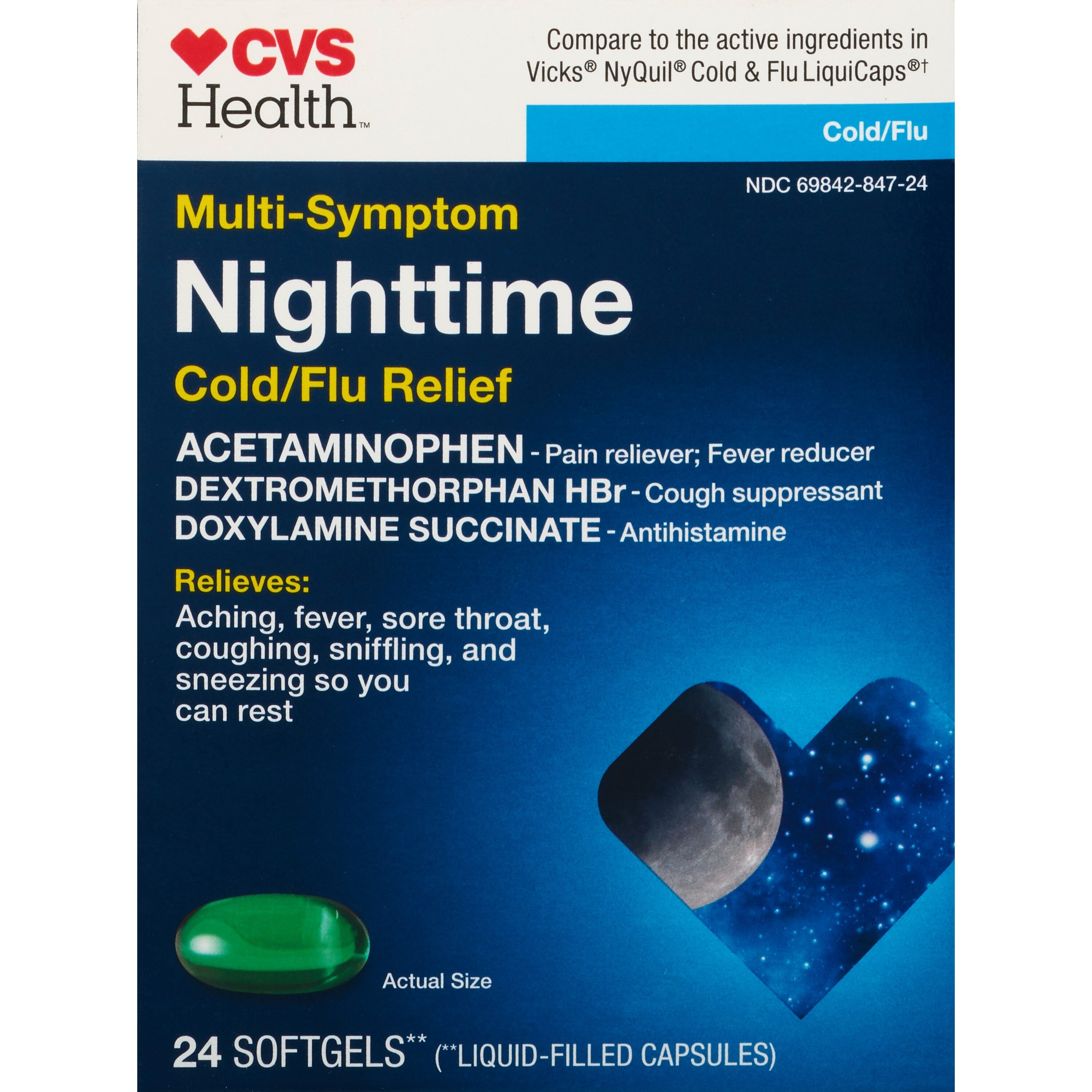 CVS Health Multi-Symptom Nighttime Cold/Flu Relief Softgels, 24 Ct