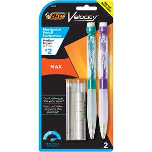 BIC Velocity Max Mechanical Pencil, Medium Point (0.7 mm), #2 Lead, 2 ct