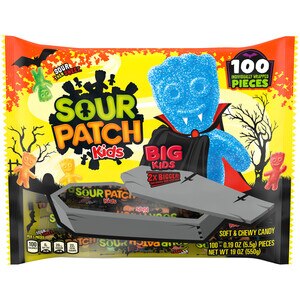 SOUR PATCH KIDS BIG Soft & Chewy Halloween Candy, 19 oz, (100 Total Trick or Treat Bags)