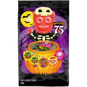 SOUR PATCH KIDS Original, Big Kids & Zombie, SWEDISH FISH & Bubblicious Strawberry Gum Halloween Candy Variety Pack, (75 Trick or Treat Bags)