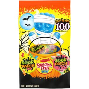 SOUR PATCH KIDS Original, Watermelon & SWEDISH FISH Mini Halloween Candy Variety Pack, 100 Trick or Treat Bags