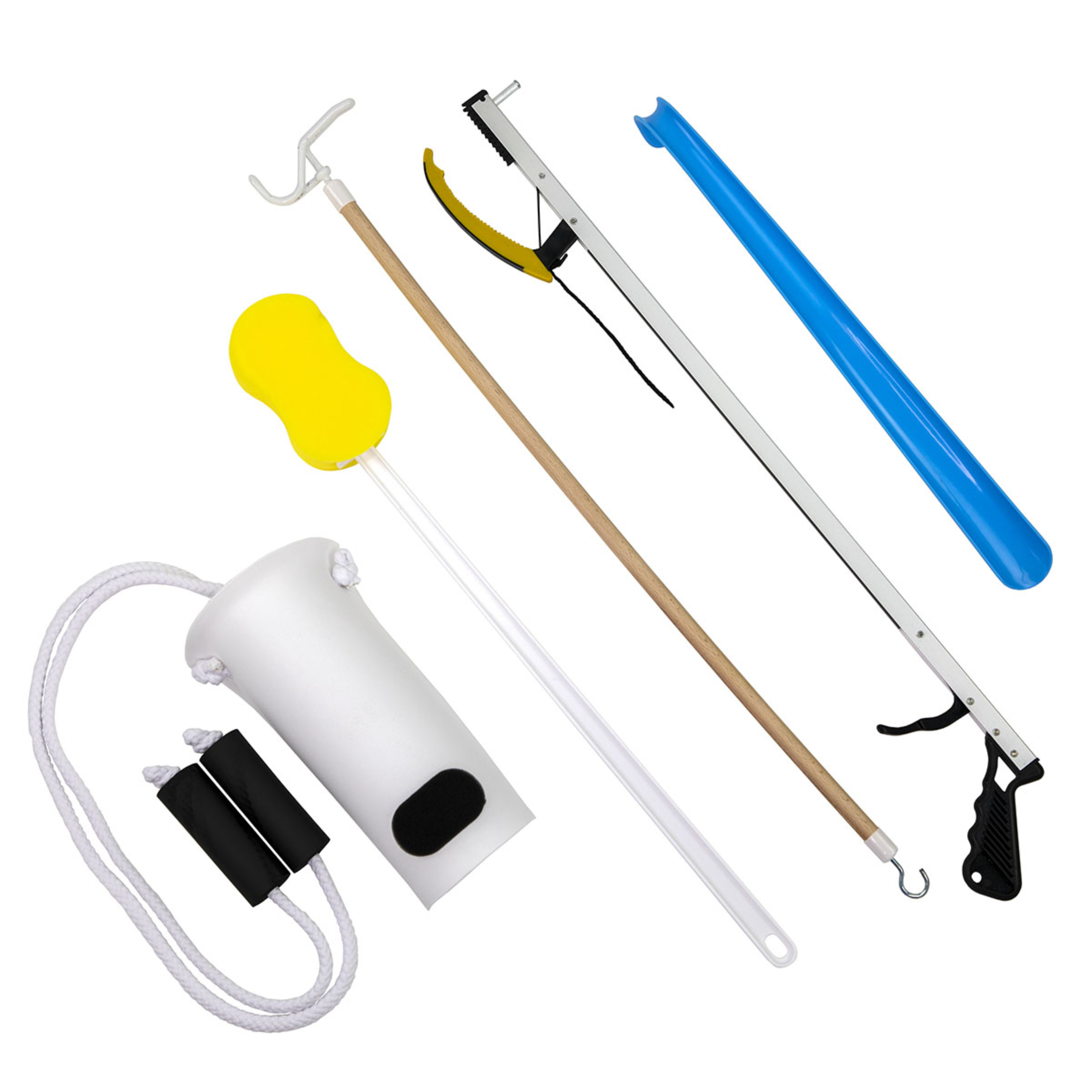 FabLife Hip Kit 5 with 26" Reacher, Contoured Sponge, Formed Sock Aid, 18" Plastic Shoehorn, 24" Dressing Stick