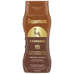 Coppertone Tanning Defend & Glow - Loción de protección solar de amplio espectro con vitamina E, FPS 15, 8 oz